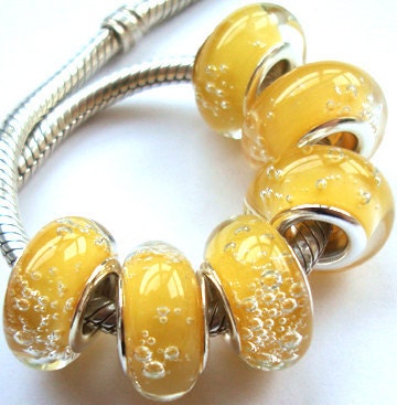 Light yellow bubbles glass bead fits European bracelets earrings necklaces glass silver core large hole lampwork bead charm