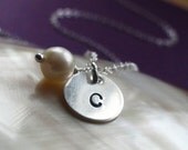 CUSTOM BIRTHSTONE & iNITIAL, Small Silver Letter Necklace, Minimal custom letter sequin charm, pearl, sterling silver, bridal party favors