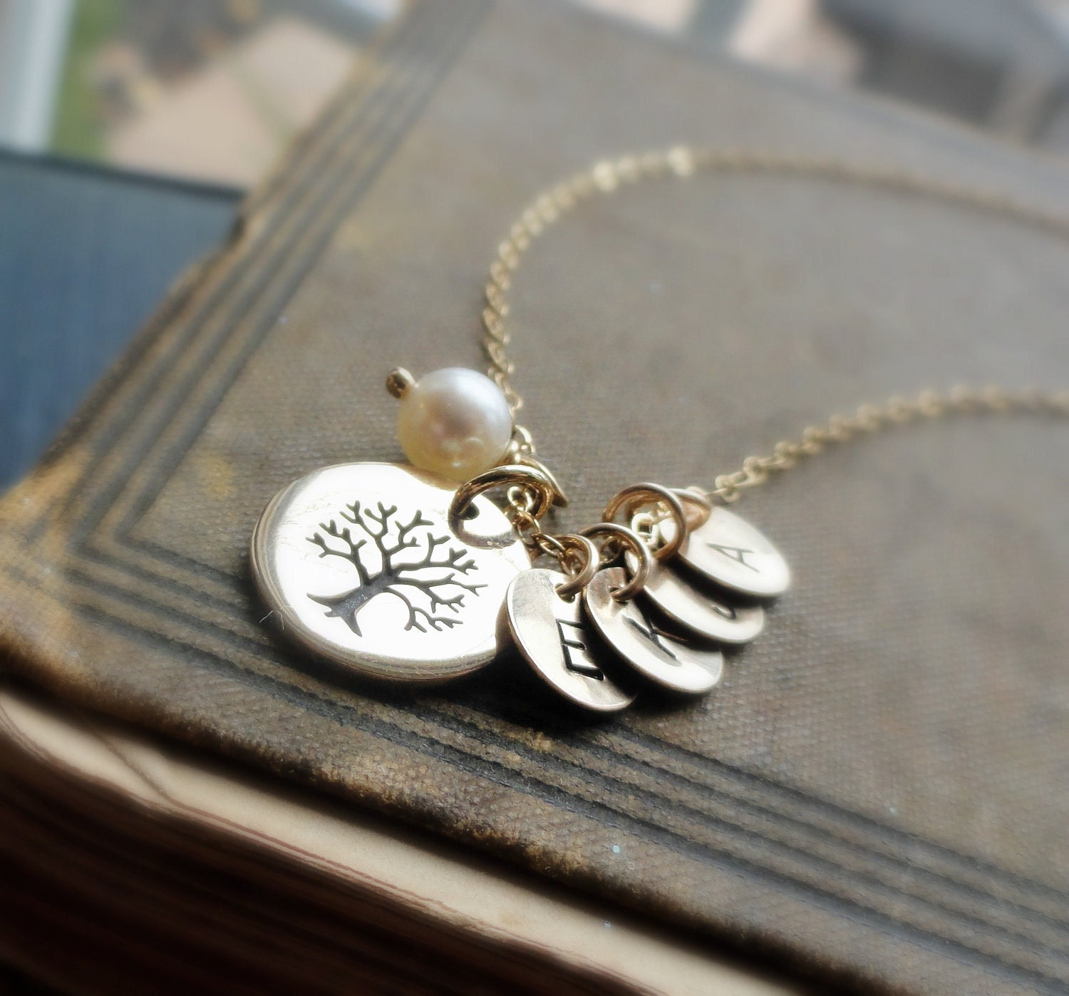 Personalized Family Tree Necklace, UP TO 4 LETTERS, Mothers necklace, gold fill, tree of life, hand stamped mothers necklace