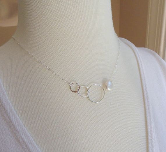 Sterling silver and Pearl Past present future necklace, Bridesmaid gift, Karma necklace, eternity, intertwined rings necklace