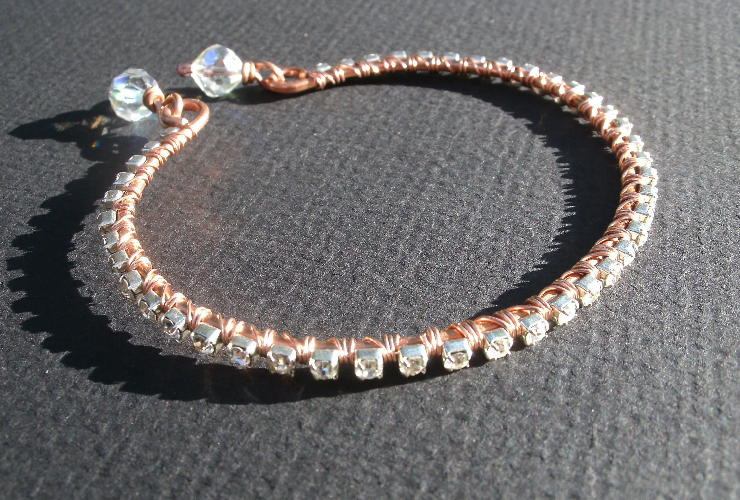 Hammered Copper Vintage Rhinestone Wire Wrapped Bangle Tennis Bracelet
