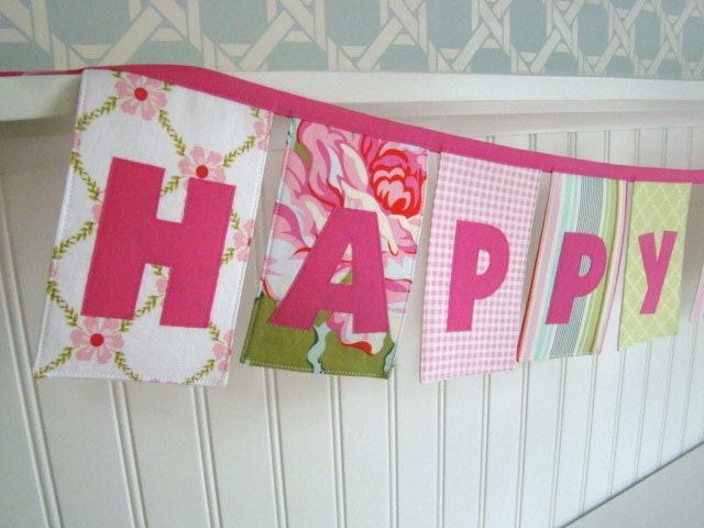Fabric Birthday Banner Pink and Green party decoration  Spring Fever