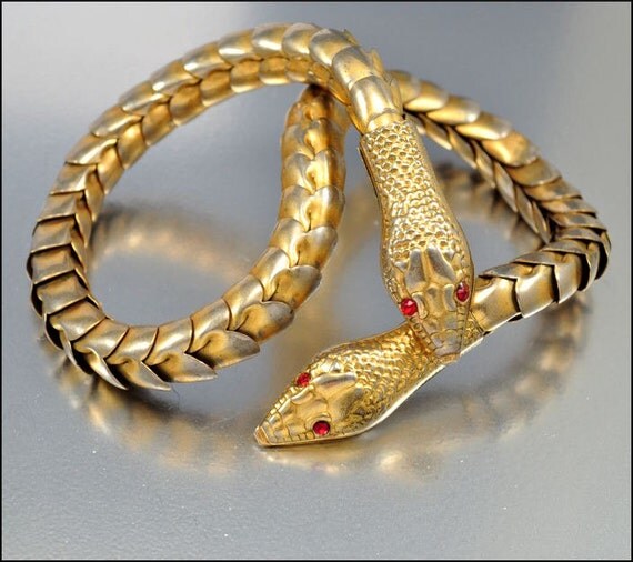 RESERVED Art Deco Necklace Snake Gold Red Rhinestone Articulated Vintage 1930s Jewelry Goth