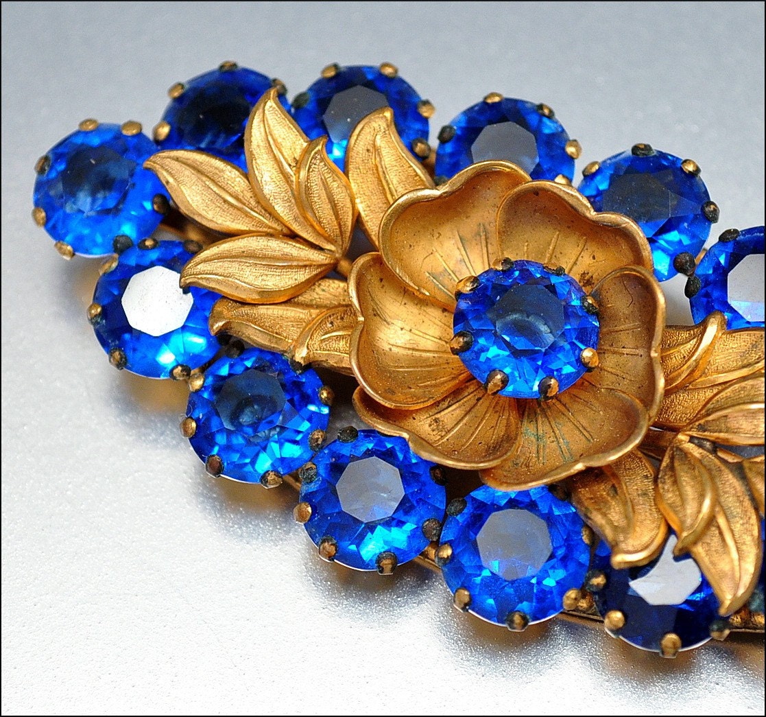 Art Deco Gold Sapphire Glass Brooch Large Vintage 1920s Jewelry