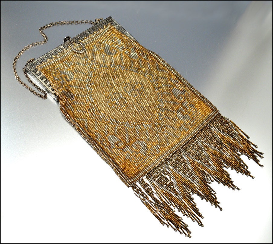 Art Deco Handbag Purse Beaded Tapestry Gold Silver Metal Vintage 1920s Accessory