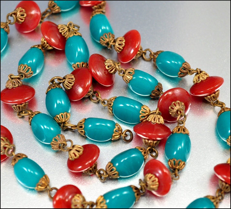 Art Deco Necklace Czech Glass Gold Brass Carnelian Green Long Vintage 1930s Jewelry