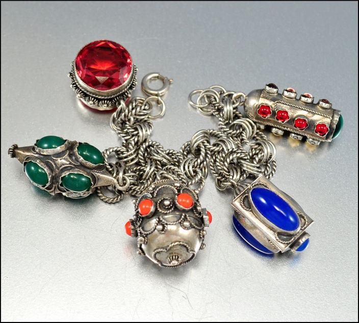 RESERVED Vintage Victorian Bracelet Etruscan Silver Coral Fob Charm Italian Glass Deco Jewelry