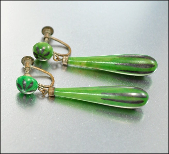 Art Deco Earrings Galalith Celluloid Enamel Dangle Brass Chadnelier Green Vintage Jewelry 1920s