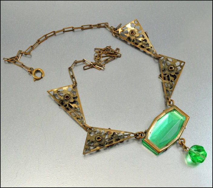 Art Deco Necklace Emerald Green Glass Enamel Gold Rhinestone Vintage 1920s Jewelry