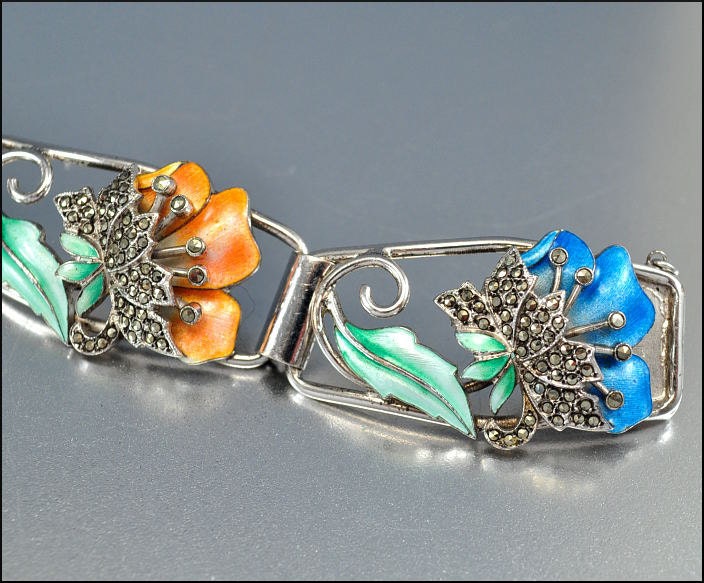 Art Deco Bracelet Sterling Silver Enamel Marcasite Flower Trembler Vintage 1920s Jewelry