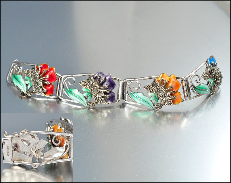 Art Deco Bracelet Sterling Silver Enamel Marcasite Flower Trembler Vintage 1920s Jewelry