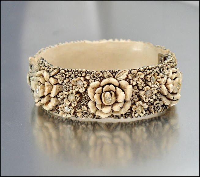 Vintage Featherlite Celluloid Bracelet Bangle Ivory Rhinestone Enamel Wide Vintage 1950s Jewelry
