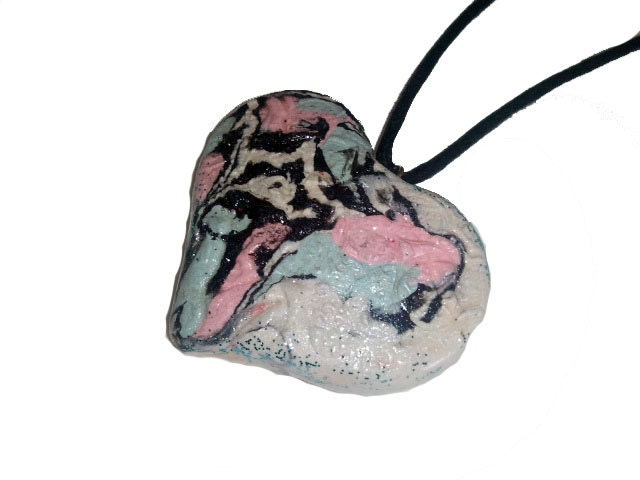 Heart Necklace with Pink and Blue Stamped Polymer Clay on Cord