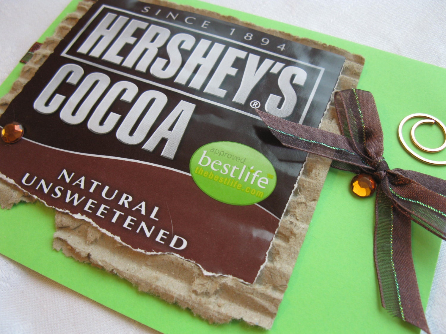 Lime Green and Brown Handmade Card with Upcycled Hersheys Cocoa Label