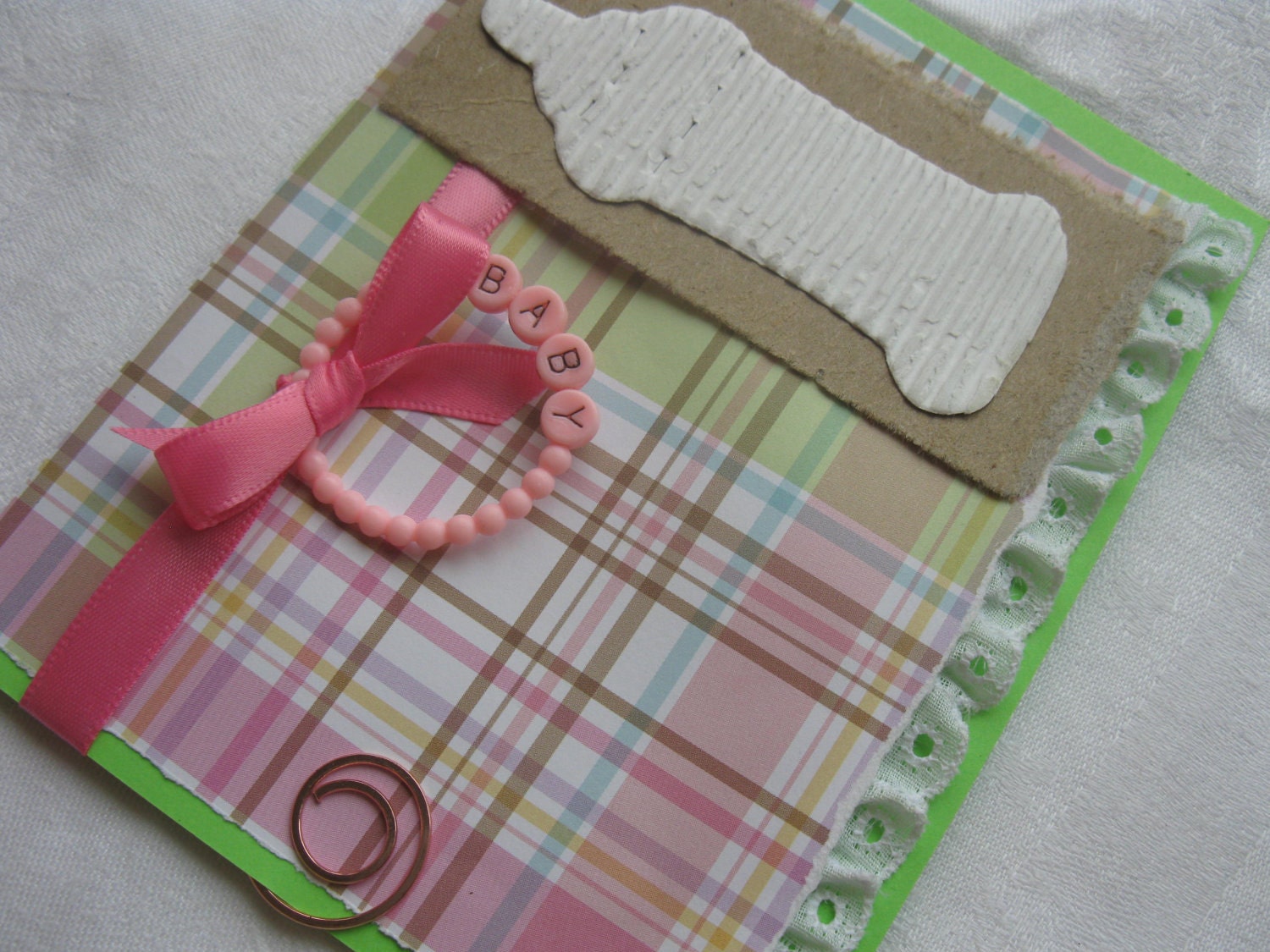 Handmade Card Baby Girl Congratulations Pink Plaid and Lime Green