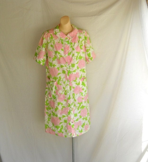Vintage Robe Pink and Green Robe JC Penney Robe Loungewear Lingerie Short Sleeves Floral Flower Summer Robe Beach Coverup