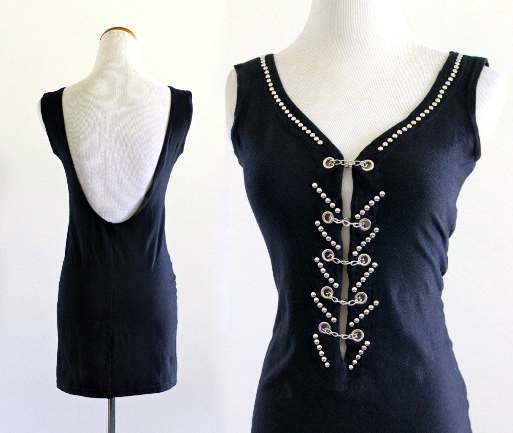 bLacK sTuDDed Chain BonDaGe BackLeSs TanK RoCker BanDage BodyCon Mini DreSs . ML . large . D028