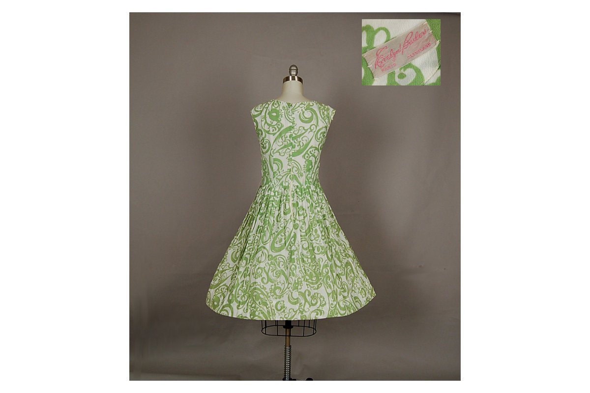 vintage 1950s dress full skirt floral pleated designer evelyn bader lime green