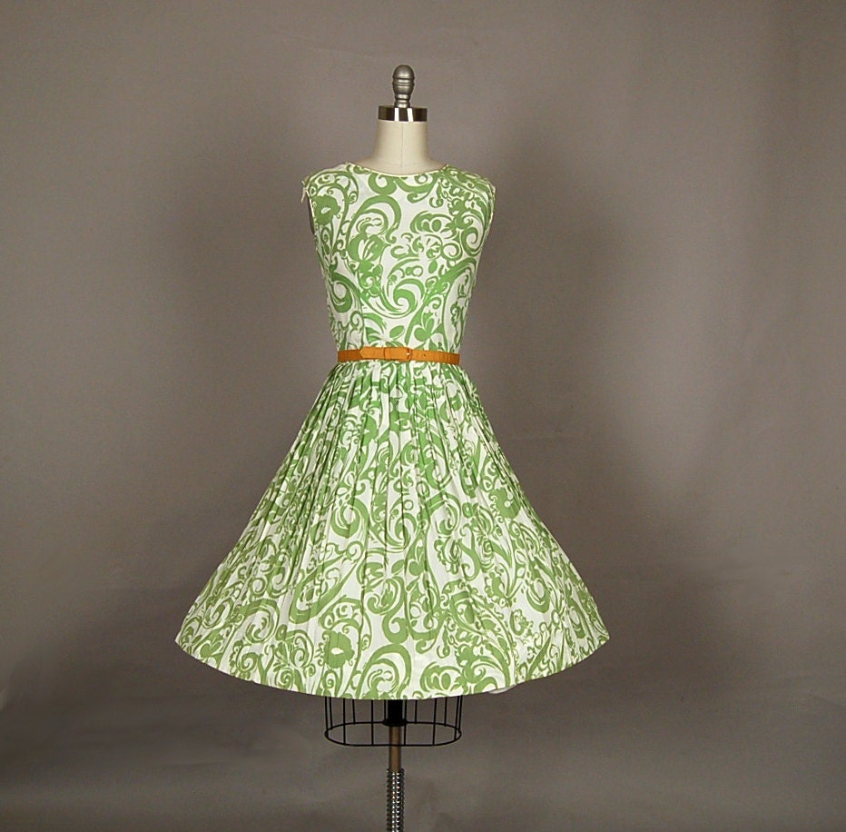 vintage 1950s dress full skirt floral pleated designer evelyn bader lime green