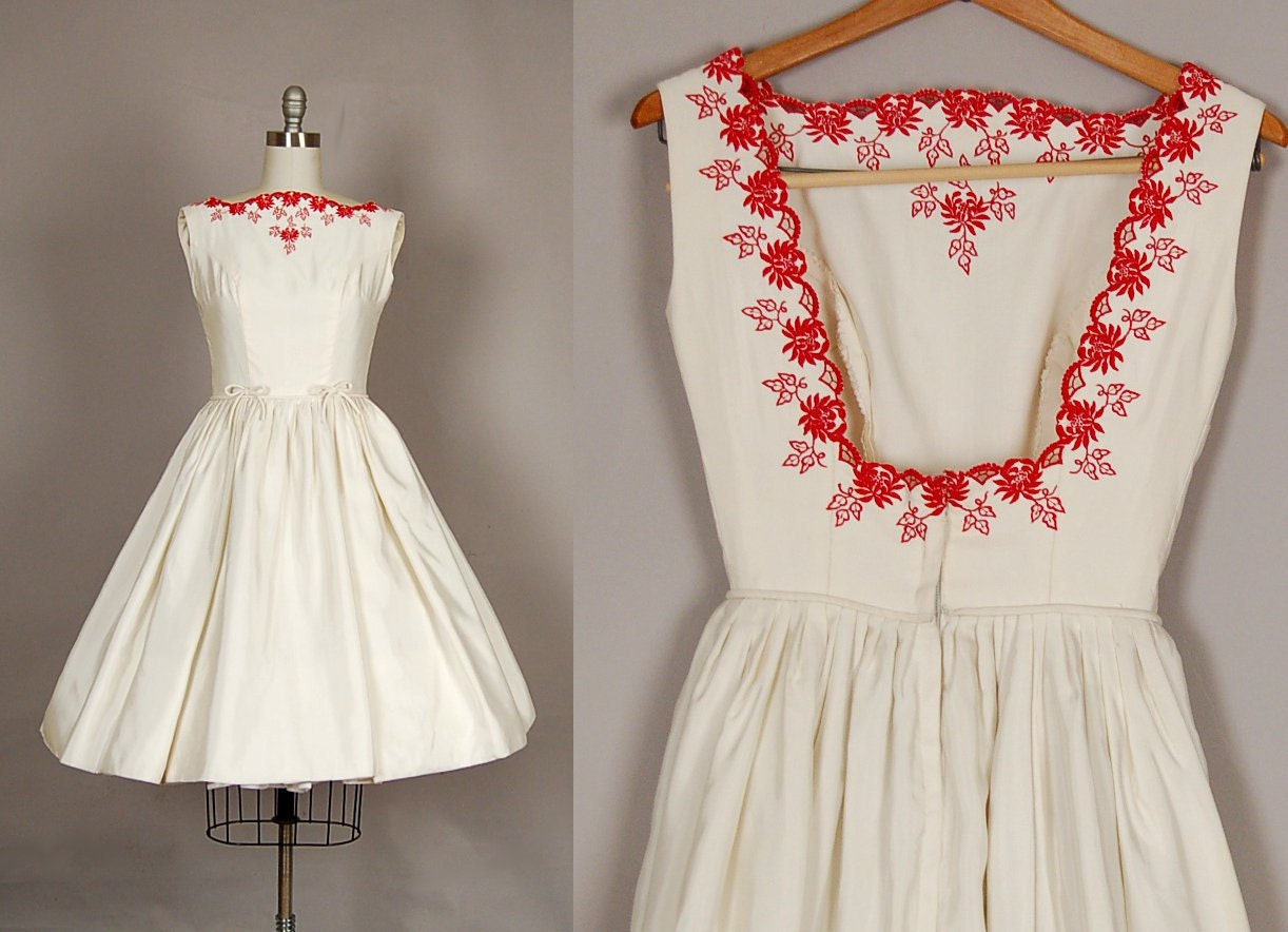 reserved...........vintage 1950s dress 50s dress silk taffeta embroidered backless white wedding
