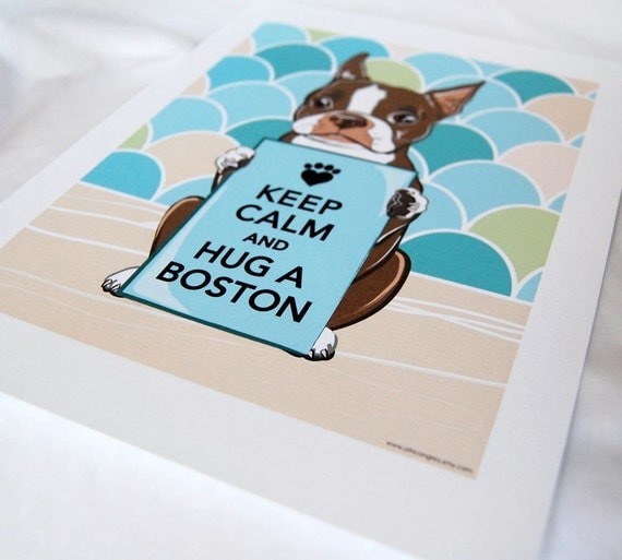Keep Calm Brown Boston Terrier with Scaled Background - 7x9 Eco-friendly Print