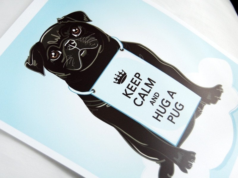 Keep Calm Black Pug on a Cloud - 8x10 Print