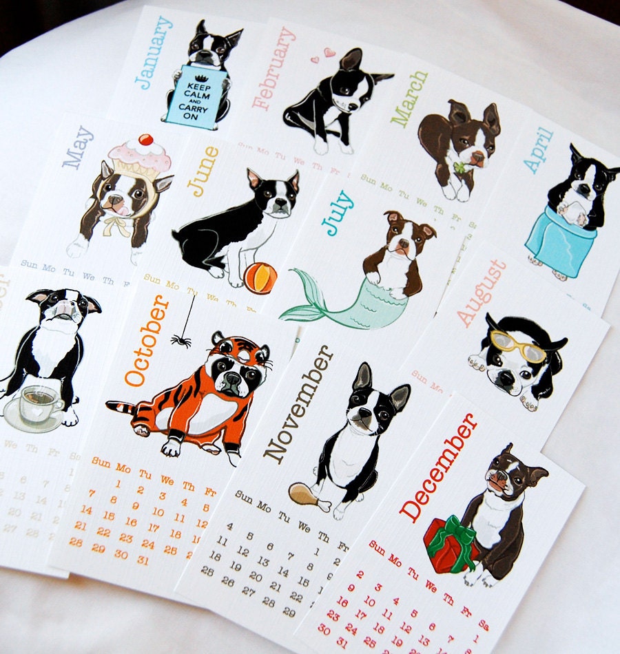Boston Terrier Calendar 2012 - Eco-friendly Linen Stock - 2.5 x 4.25 inches