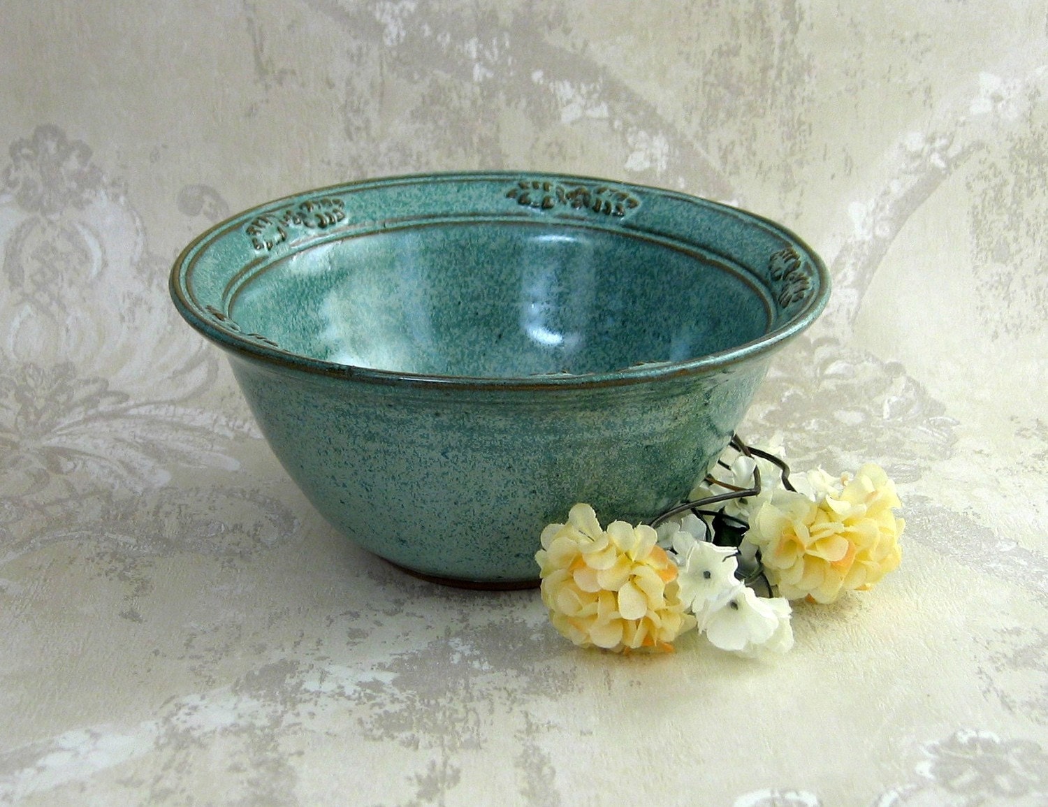 Aqua Mixing/Serving Bowl With Decorated Flared Rim