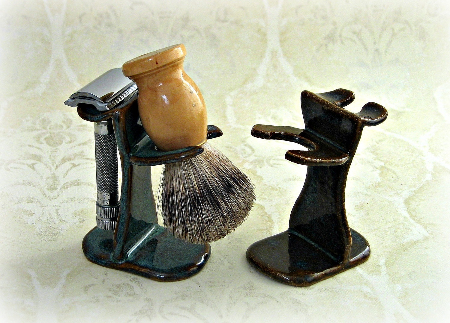 Shaving Brush/Razor Stand in Choice of Speckled Blue Green or Rustic Brown- Seconds