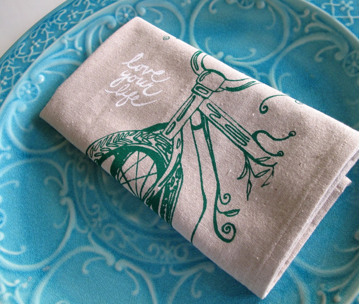 Cotton Kitchen Towel - Love Your Life Bicycle in Green