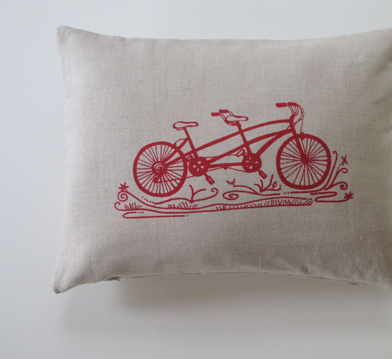 Pillow - Cushion Cover  -  Red Tandem Bicycle on Natural Linen - 12 x 16 inches