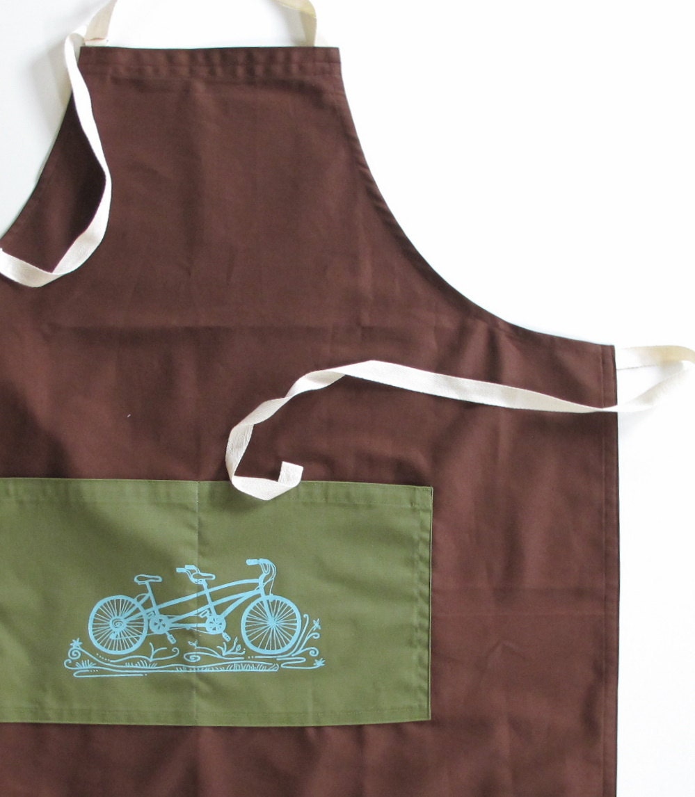 Apron - Brown Cotton Apron with Green Pocket and Blue Tandem Bike