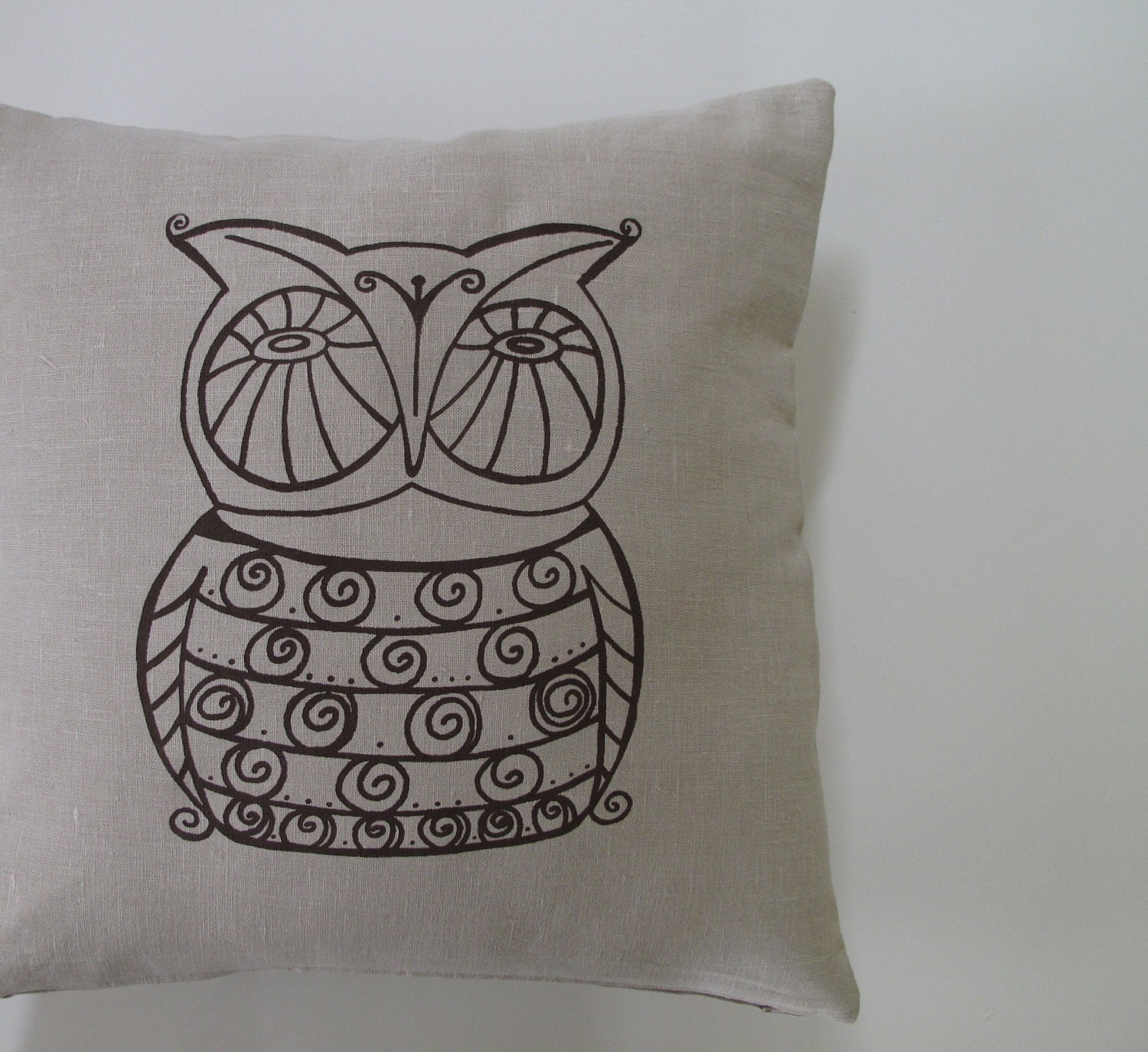 Pillow Cover - Cushion Cover- Brown Owl on Natural Beige Linen - 16 x 16 inches