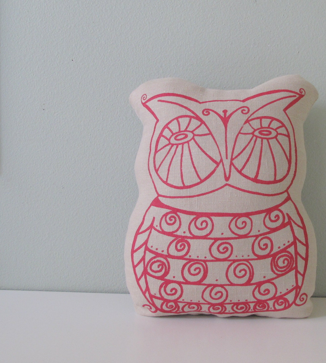 Pillow - Cushion Pink Owl on Natural Linen
