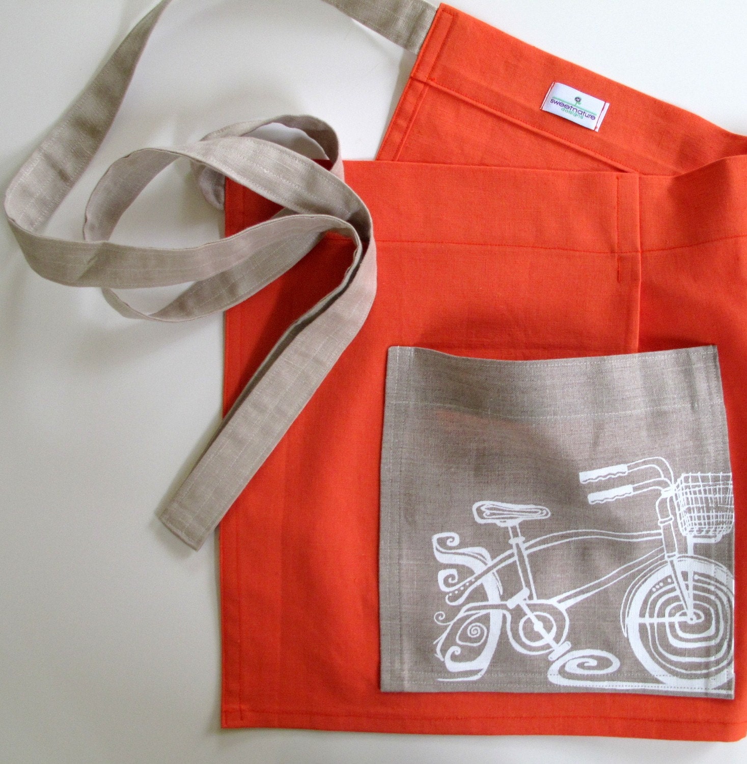 Whimsical Orange Apron with Bicycle Screenprint