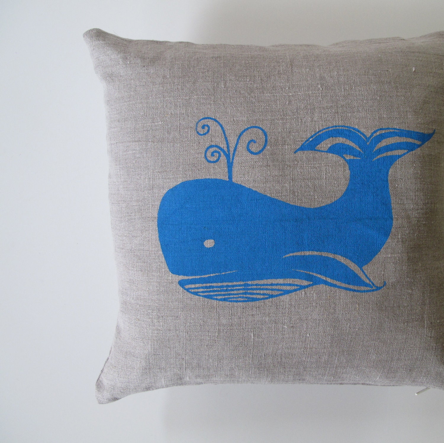 Pillow Cover - Cushion Cover- Peacock Blue Whale on Natural Linen - 12 x 12 inches