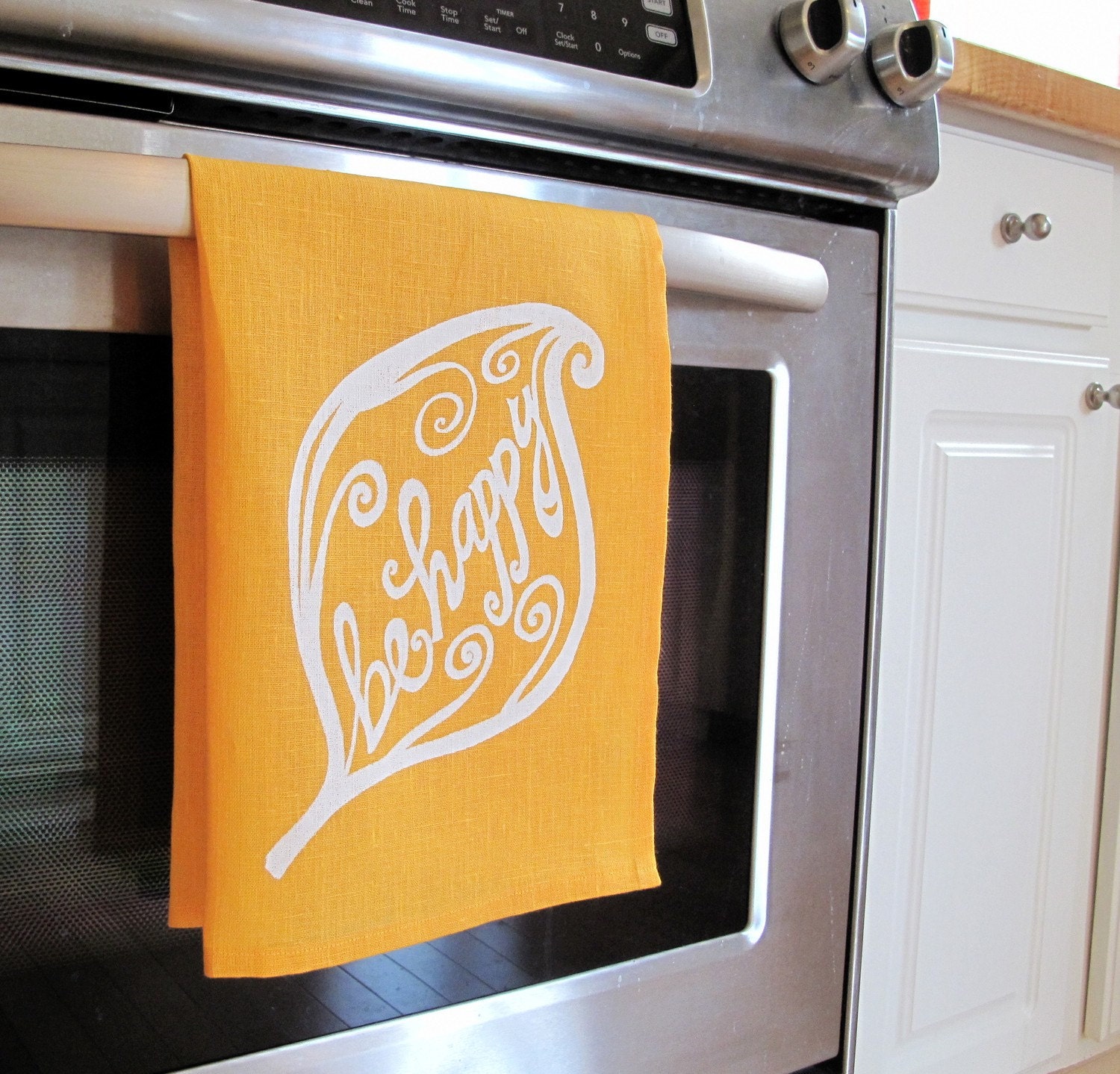 Mustard Yellow Linen Tea Towel Be Happy