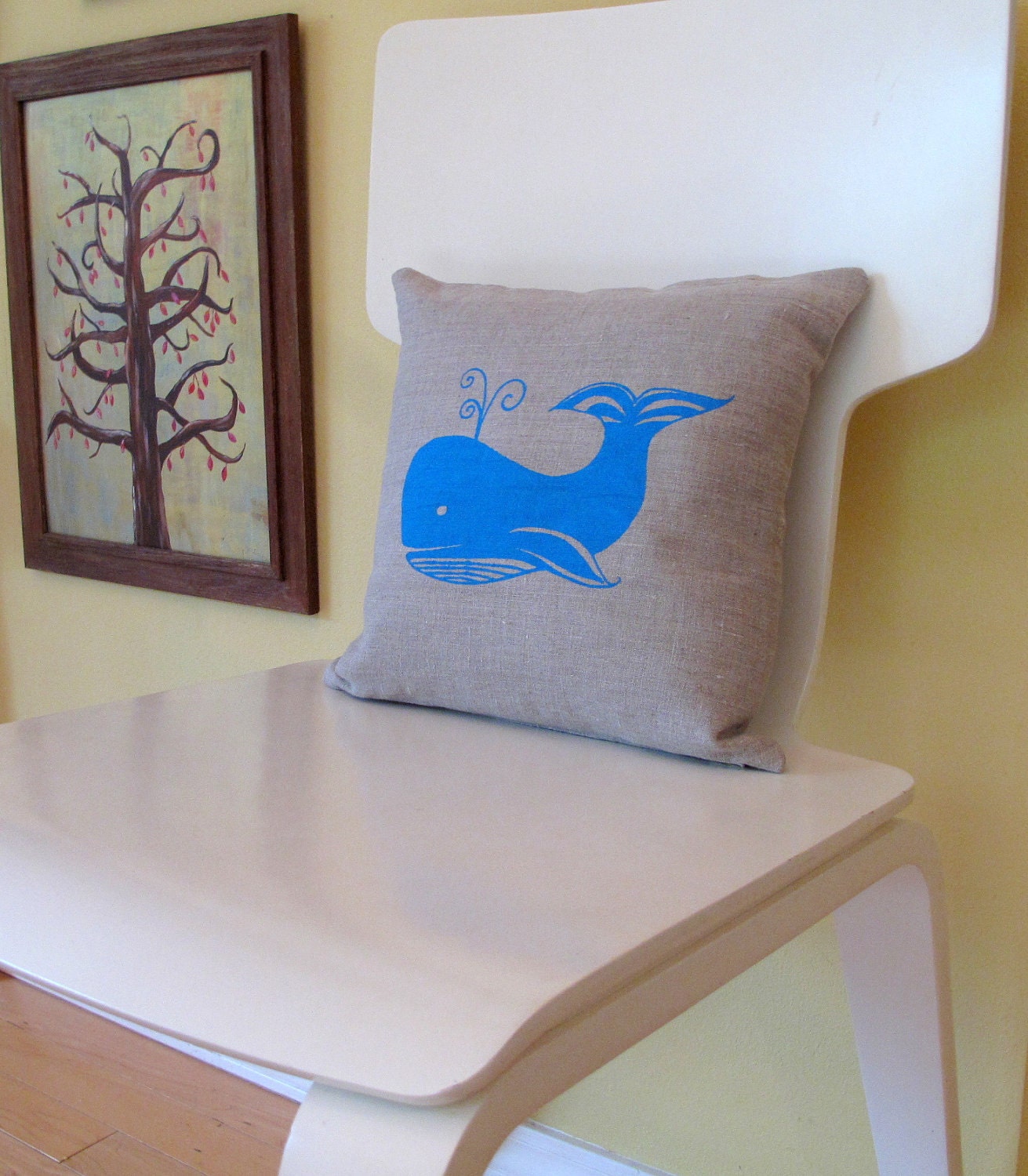 Pillow Cover - Cushion Cover- Peacock Blue Whale on Natural Linen - 12 x 12 inches