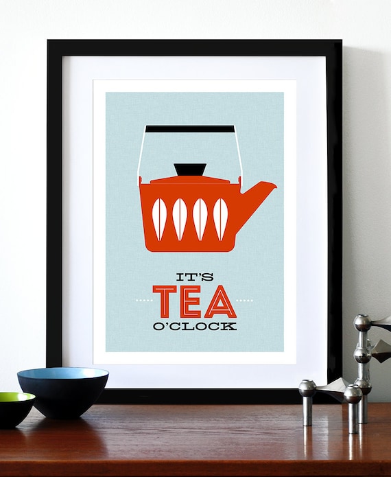 Cathrineholm poster print Mid Century Modern home kitchen art tea coffee - It's Tea O'clock Red A3