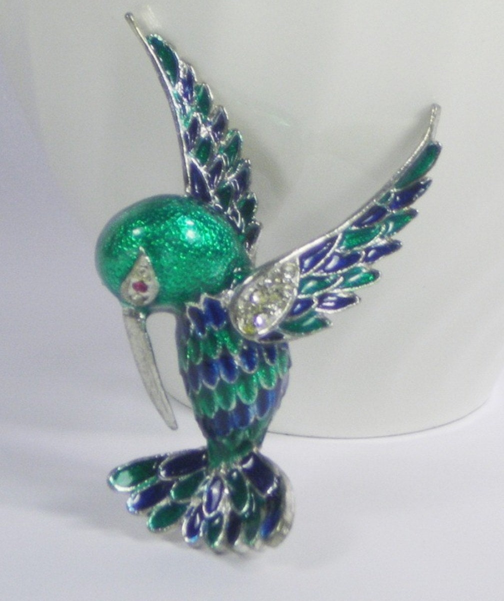 Vintage Hummingbird Silver Green Blue Enamel Brooch