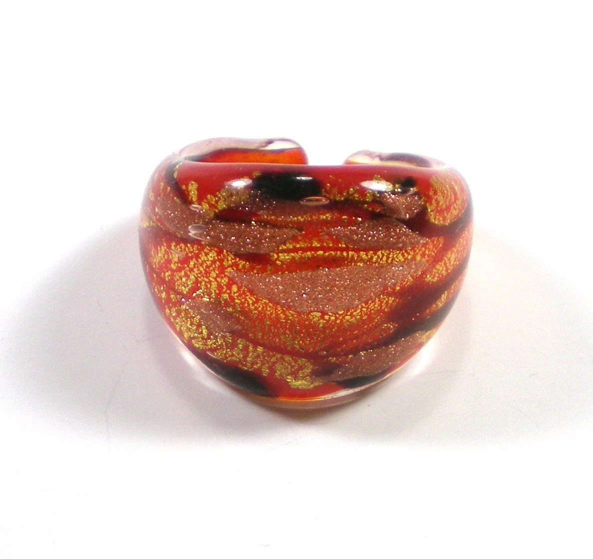 Art Glass Ring In Orange Burgundy And Gold Flakes Color.