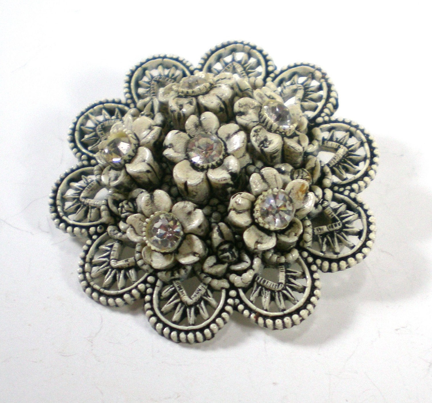 Vintage Carved Celluloid Brooch Black White Floral Rhinestone Pin