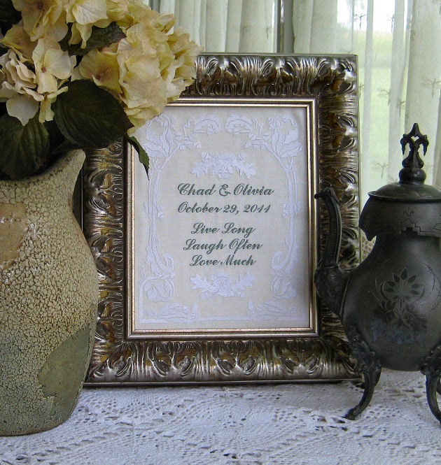 Classic Wedding White Linen Handmade Embroidery Live Laugh Often Love Much Oak Leaves Marriage Vows Lovely Script Personalize Civil Union