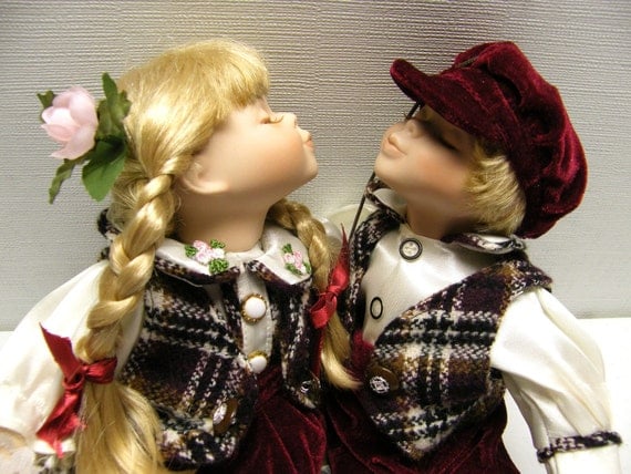 Kissing Dolls on Swing Bench Porcelain Collectible by