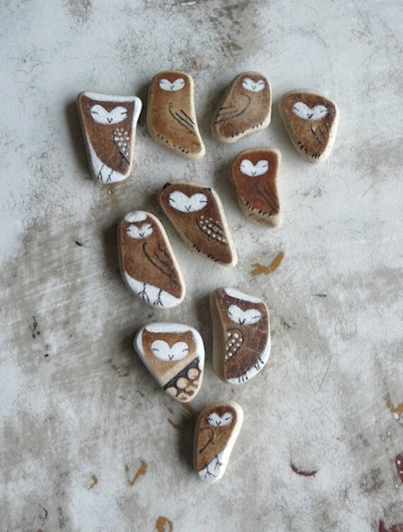 RESERVED - Brown Beach Pottery Collection of Ten - Tiny Owls