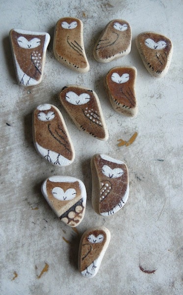 RESERVED - Brown Beach Pottery Collection of Ten - Tiny Owls
