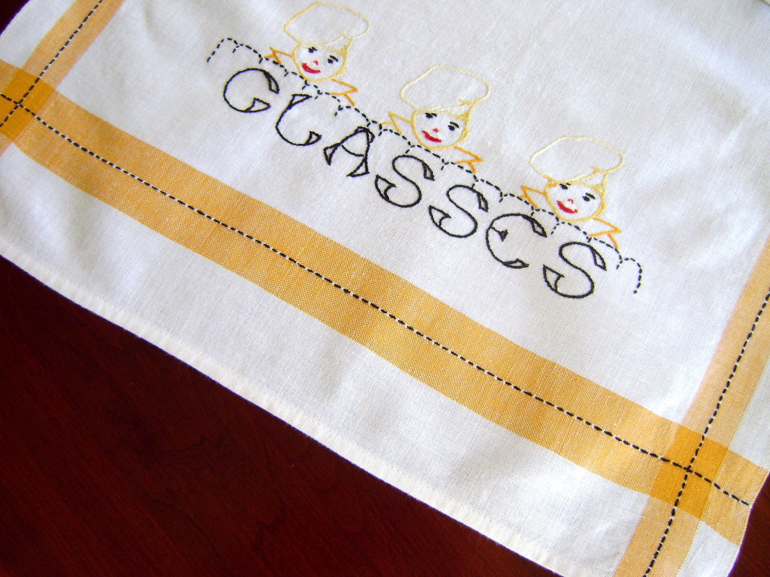 Linen Vintage Towel - Hand Embroidered Comical Chefs