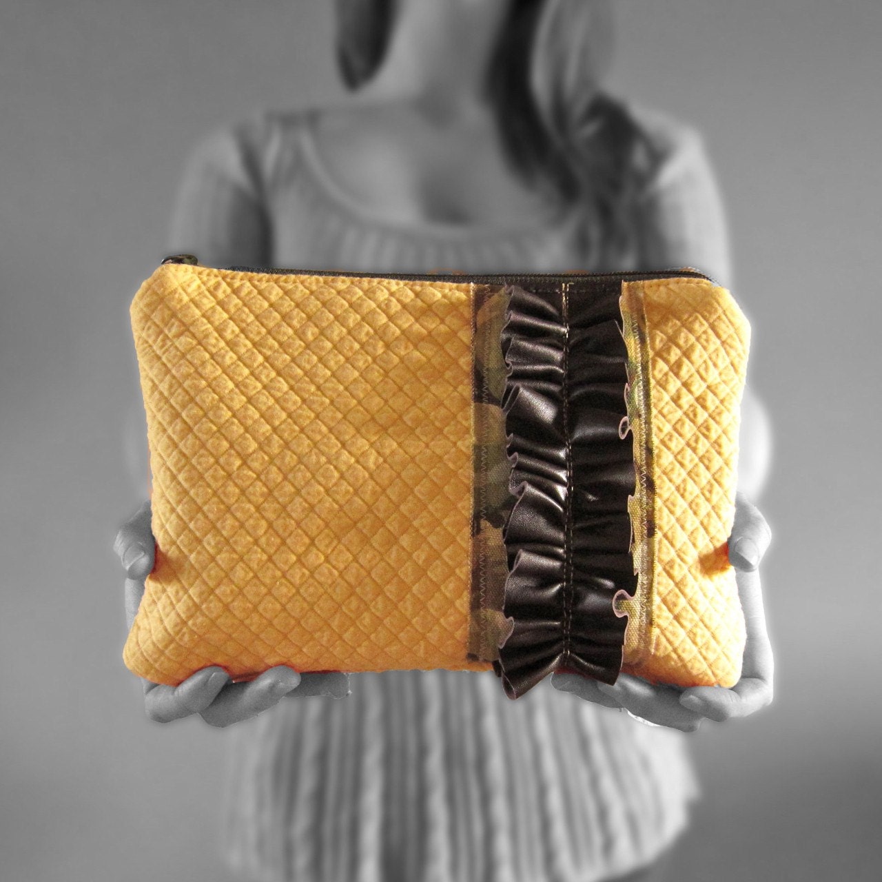 Sunny Recycled Cotton and Leather Clutch with Earthy Green Accents