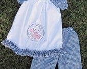 Ruffled Capri Pants with Peasant BlouseTop Vintage Embroidery Kitten