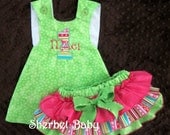 Pinafore Dress and Sassy Pants Ruffled Diaper Cover Set Candy Shop 17 Pink and Green